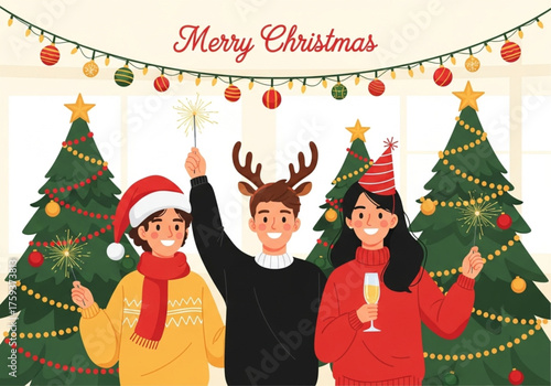 Merry Christmas and Happy New Year party. Cheerful young people celebrating the winter holidays with sparklers and champagne next to a festive Christmas tree. Flat cartoon vector illustration.