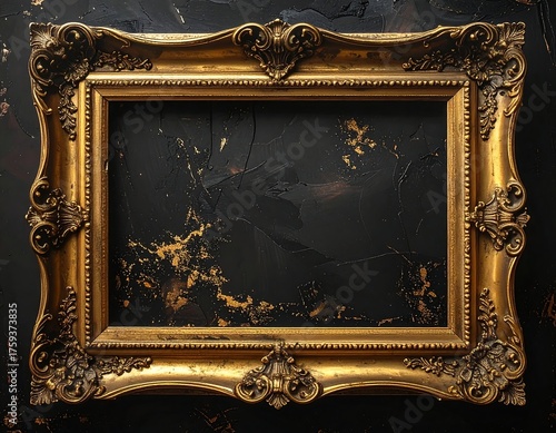 Ornate gold-colored picture frame on a textured dark backdrop
