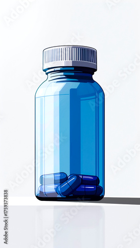 Illustration of a Blue Pill Bottle with Capsules. Medical Concept, Pharmaceutical Art, Healthcare Design.
