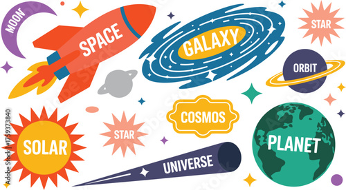 Cartoon Space Elements Rocket, Galaxy, Planet, Star, Moon, Universe, Orbit, Cosmos, Solar System Illustration
