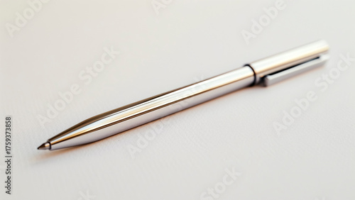 Sleek Silver Ballpoint Pen on a Clean Surface. Office Supply, Business Writing, Minimalist Design.