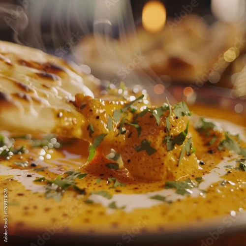 Authentic Indian curry background - steaming spicy butter curry served with naan bread, close-up of rich sauce and herbs in warm restaurant lighting for food commercial footage