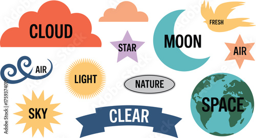 Cartoon Style Weather and Environment Icons featuring Clouds, Moon, Sun, Earth and Other Elements