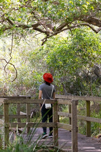 Person enjoying nature on a wooden pathway