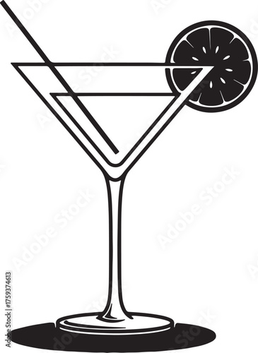 Stylized Silhouette of a Martini Glass with Lime Slice and Straw on White Background cocktail drink also transparent background