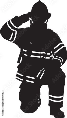 Silhouette of a Firefighter Kneeling and Saluting in Protective Gear on White Background rescue emergency also transparent background