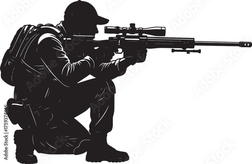 Silhouette of a Crouching Sniper with Rifle and Backpack on White Background soldier military also transparent background