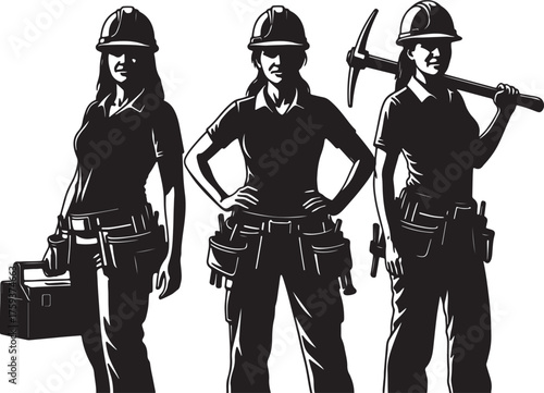 Three women in silhouette wearing hard hats and tool belts with construction tools workers also transparent background