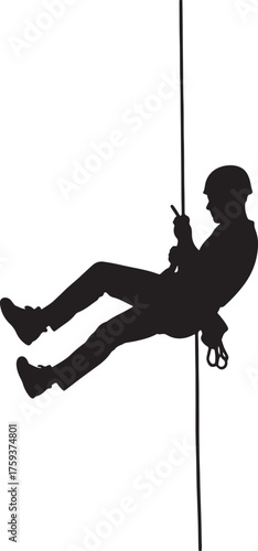 Silhouette of a person rappelling down a rope with a helmet and gear abseiling climbing also transparent background