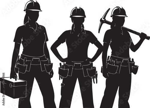 Silhouette of three women construction workers wearing hard hats and tool belts holding tools and a toolbox also transparent background