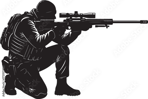 Silhouette of a Sniper Aiming a Rifle from a Crouching Position soldier scope also transparent background