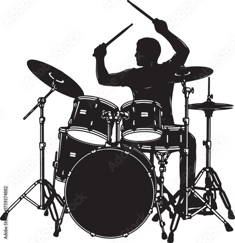 Silhouette of a drummer playing a drum kit with drumsticks in motion percussion musician also transparent background