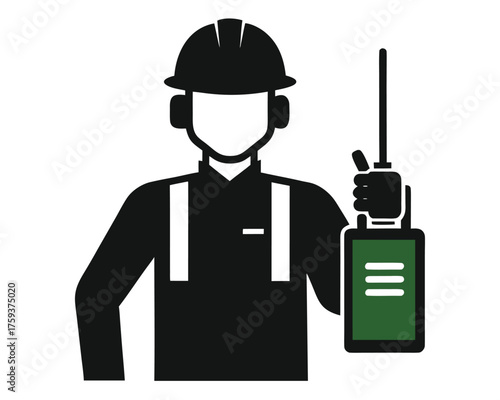 Construction site supervisor holding a radio in a distinctive silhouette style