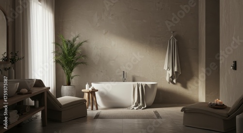 Fototapeta Naklejka Na Ścianę i Meble -  Elegant bathroom interior design with bathtub and natural light