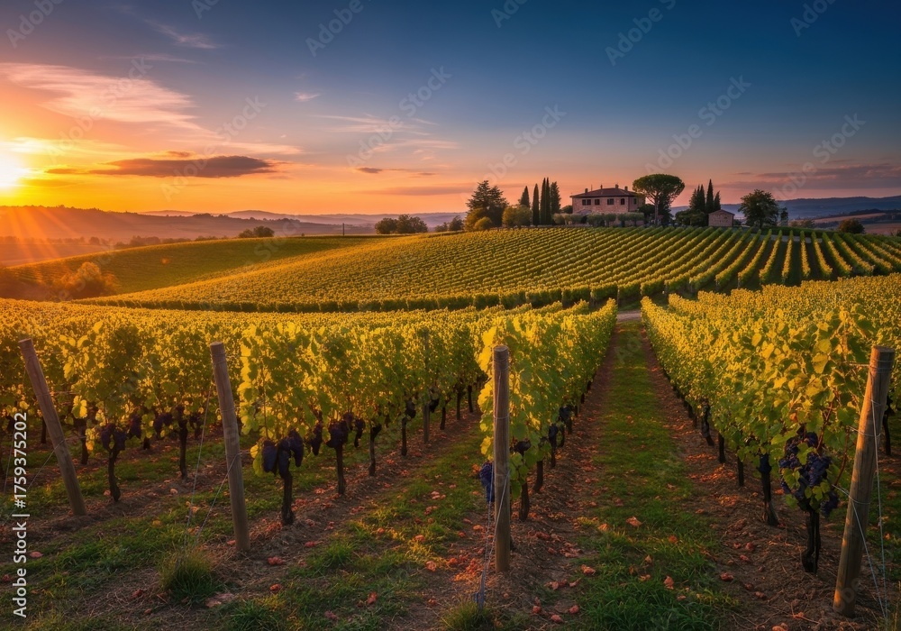 Fototapeta premium Picturesque Vineyard at Sunset in Tuscany, Rolling Hills of Grapes