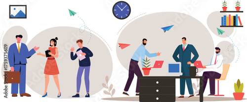 Creative office atmosphere with paper airplanes playfully flying amid focused colleagues, fostering collaboration, innovation, and a joyful work culture in a bright modern vector style.