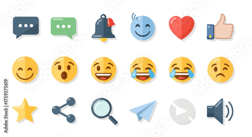 A comprehensive flat vector icon set for social media and communication, featuring emojis, likes, shares, and other user engagement symbols in a clean modern style on a white background