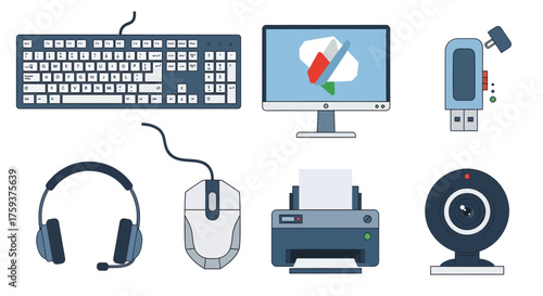 Office Electronics Vector Icon Set Keyboard, Mouse, Headset, Monitor, Printer, USB, Webcam