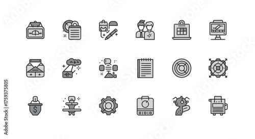 A collection of line art vector icons representing business management, corporate strategy, data analysis, and technology solutions isolated on white