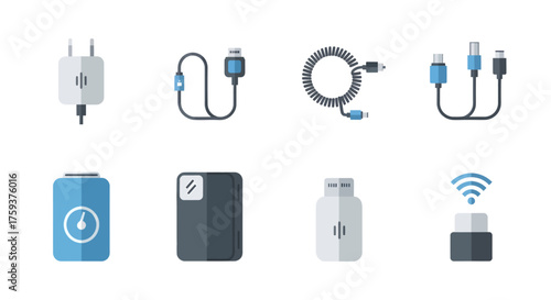 Modern flat vector icon pack depicting essential digital technology accessories, featuring USB charging cables, portable power banks, and power adapters, isolated on a clean white background