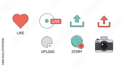 Minimalist flat vector icon pack showcasing social media tools like, upload, story, and camera, in a clean, modern style