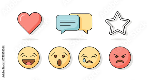 Flat Vector Icon Pack of Emotions and Communication Symbols, White Background, Clean View, Concept Illustration