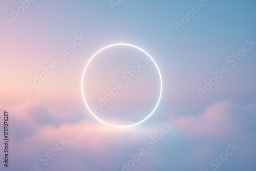 Glowing ring of light above pink and blue clouds in a surreal dreamlike sky
