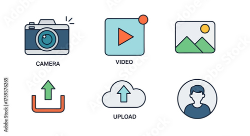Collection of flat vector icons representing camera, video, upload, and user profile, perfect for digital media and technology applications