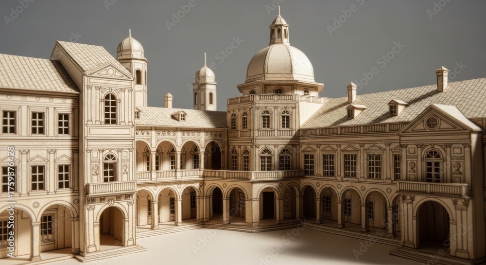 Fototapeta premium Detailed Architectural Model of Classical Building with Domes and Arches in Neutral Tones