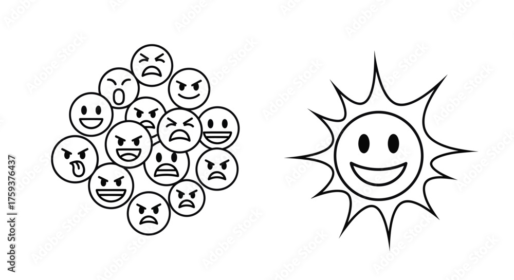 Fototapeta premium Contrasting Emotions, Smiley Face, Sun Icon, Flat Vector Icon Set 2026, White Background, Minimal View, Digital Twin Concept