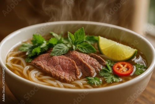 Traditional Vietnamese Pho Noodle Soup with Beef. AI Generative.