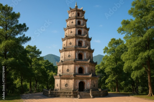 Ancient Vietnamese Pagoda Surrounded by Green Trees. AI Generative.
