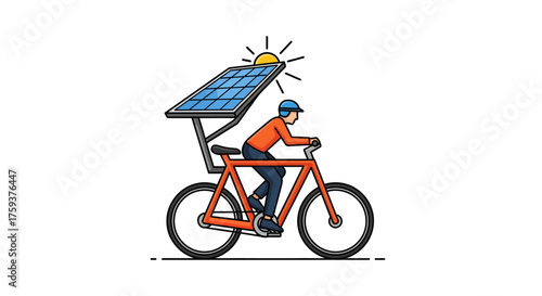 Cyclist Using Solar-Powered Bicycle, Outdoor Urban Transport, Flat Vector Icon Set 2026 Style, Clean White Background Concept