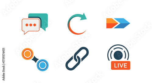 Flat Vector Icon Set 2026 Showcasing Influencer Communication Tools for Chat, Camera, Like, Post, Live, on White Background