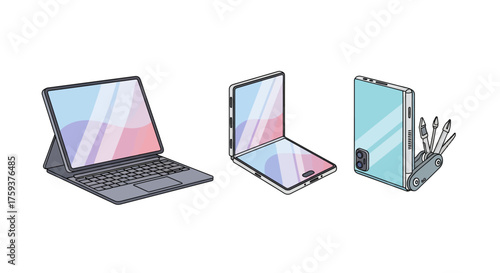 Foldable Devices Action, Modern Gadget Subject, Studio Location, Illustration Content, Clean Environment, Isometric Viewpoint, flat vector icon set for 3D printing technology concept
