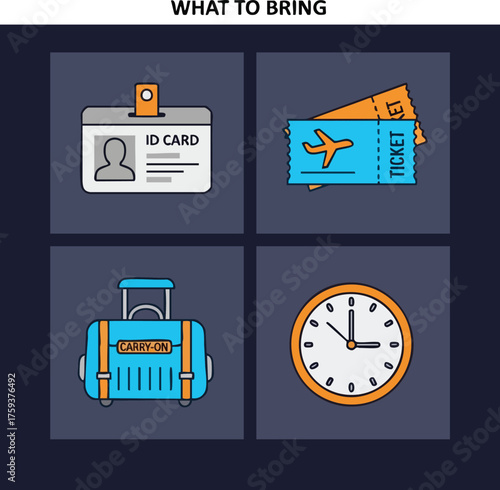 Essential travel items infographic with icons for an ID card, airline tickets, luggage, and a clock.