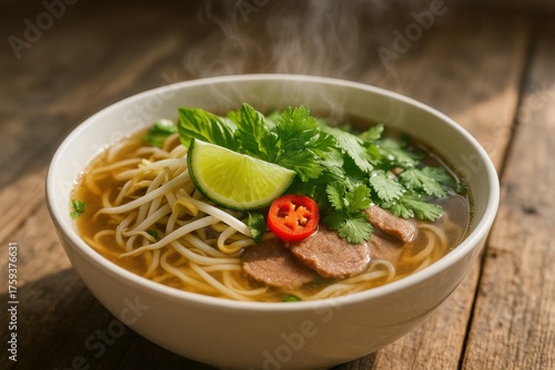 Traditional Vietnamese Pho Soup with Lime and Herbs. AI Generative.