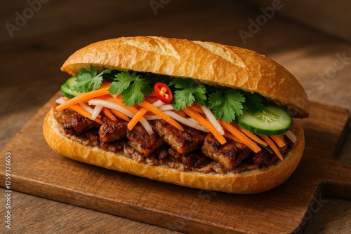Traditional Vietnamese Banh Mi with Vegetables and Cilantro. AI Generative.