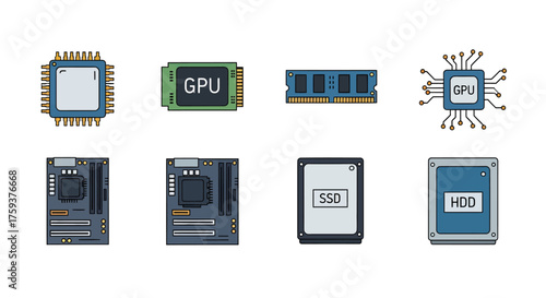 Flat vector icon set of computer hardware parts like processor, memory, and storage devices for building PCs and server technology on a white background