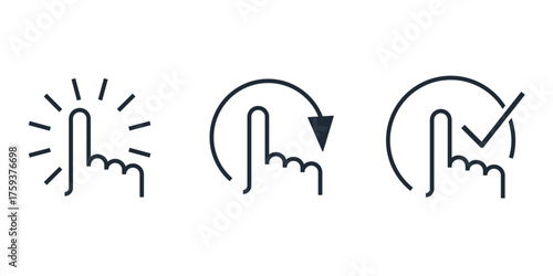 Finger and control buttons. Apply, update, configure, adjust, confirm. Set of vector linear icons isolated on white background.