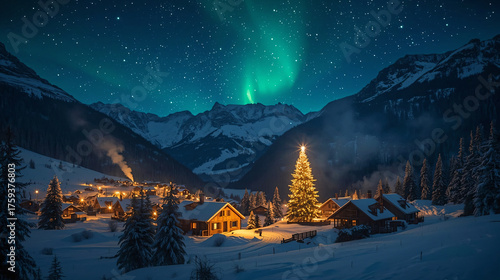 Cinematic Winter Night Landscape – Aurora Christmas Village Under the Stars