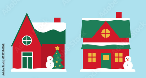 Christmas house flat vector illustration set.
Winter house with snowman decoration at the door.
Red and green holiday houses clipart.