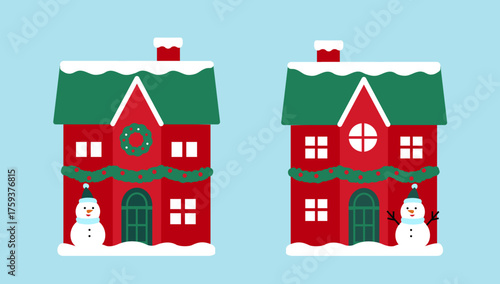 Christmas house flat vector illustration set.
Winter house with snowman decoration at the door.
Red and green holiday houses clipart.