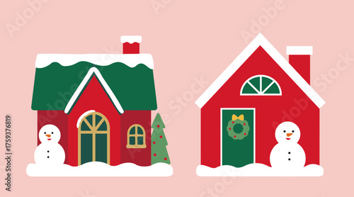 Christmas house flat vector illustration set.
Winter house with snowman decoration at the door.
Red and green holiday houses clipart.