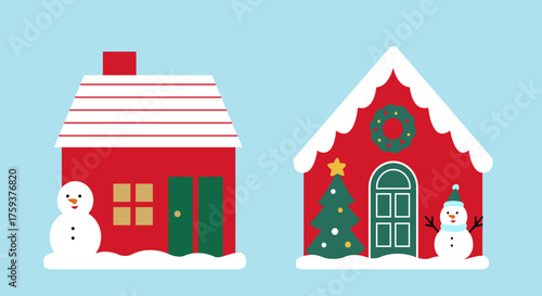 Christmas house flat vector illustration set.
Winter house with snowman decoration at the door.
Red and green holiday houses clipart.