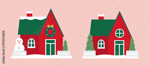 Christmas house flat vector illustration set.
Winter house with snowman decoration at the door.
Red and green holiday houses clipart.