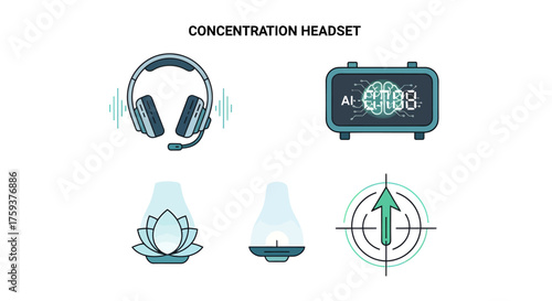 Vector Icon Set of Concentration Headset, Alarm Clock, Meditation Lamp, Focus Target, Clean White Background, Flat Design Concept