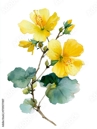 a yellow mallow flower, painted in the style of traditional Chinese painting, isolated on white.