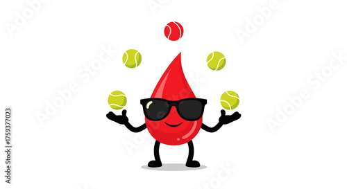 A happy red blood cell character wearing sunglasses juggles tennis balls with its hands.