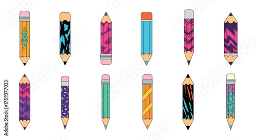 A collection of vibrantly patterned pencils in various artistic styles.